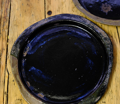 Ceramic Stoneware Large Black Plate Irregular Blue Rim - Swallow Ceramics